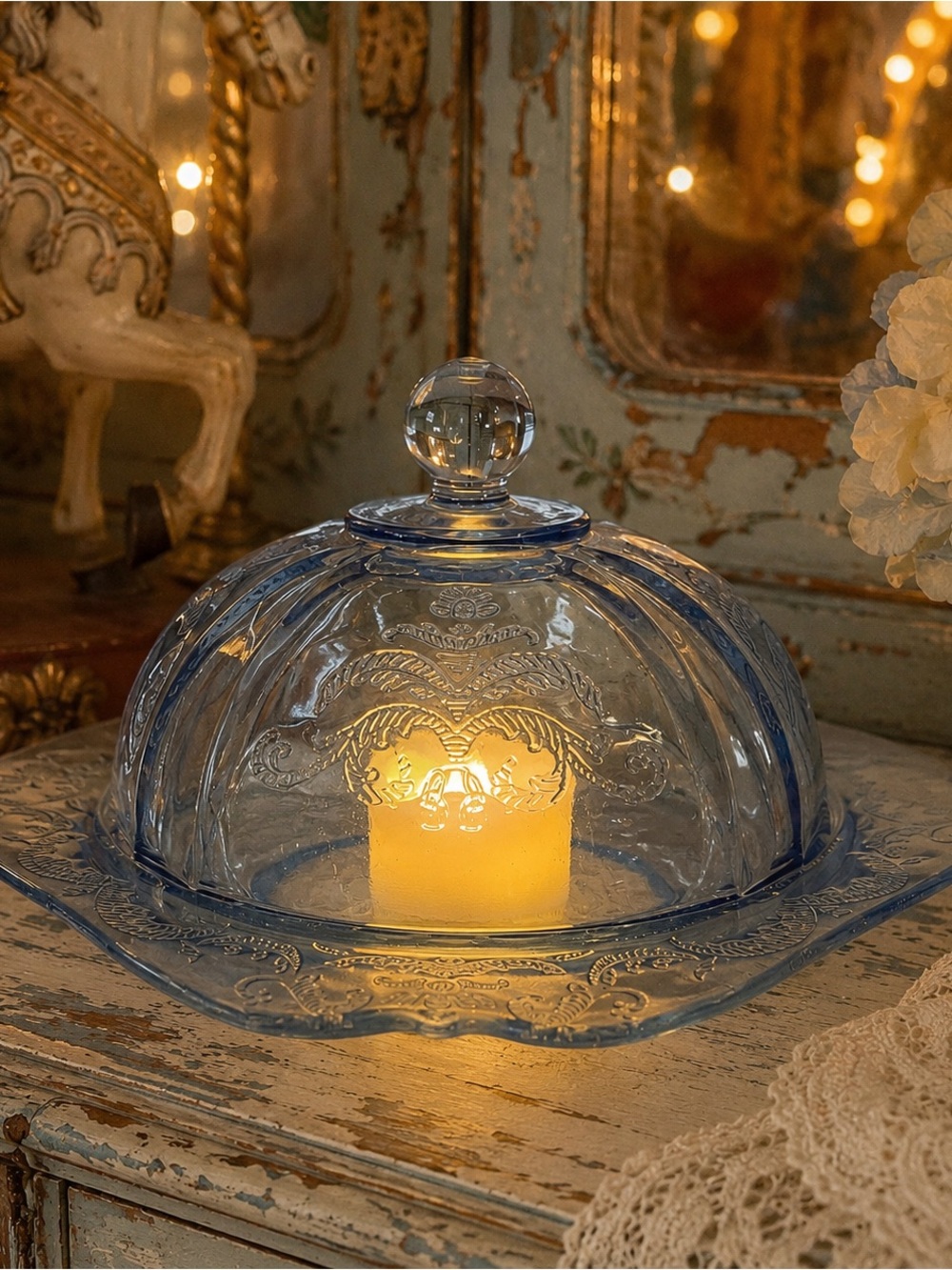 Vintage Blue Depression Glass Madrid Butter Dish Fairy Lamp